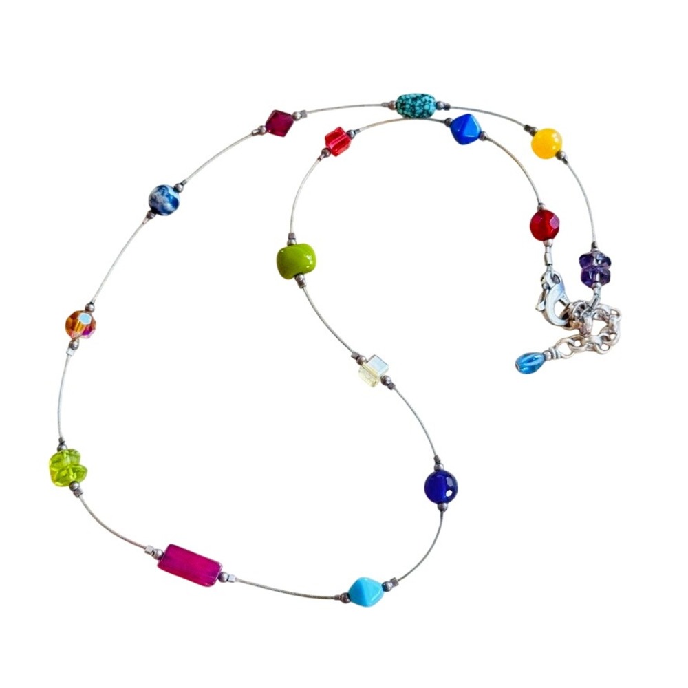 Floating Fruit Salad Candy Gemstone Necklace 925 Sterling Silver Beaded Choker